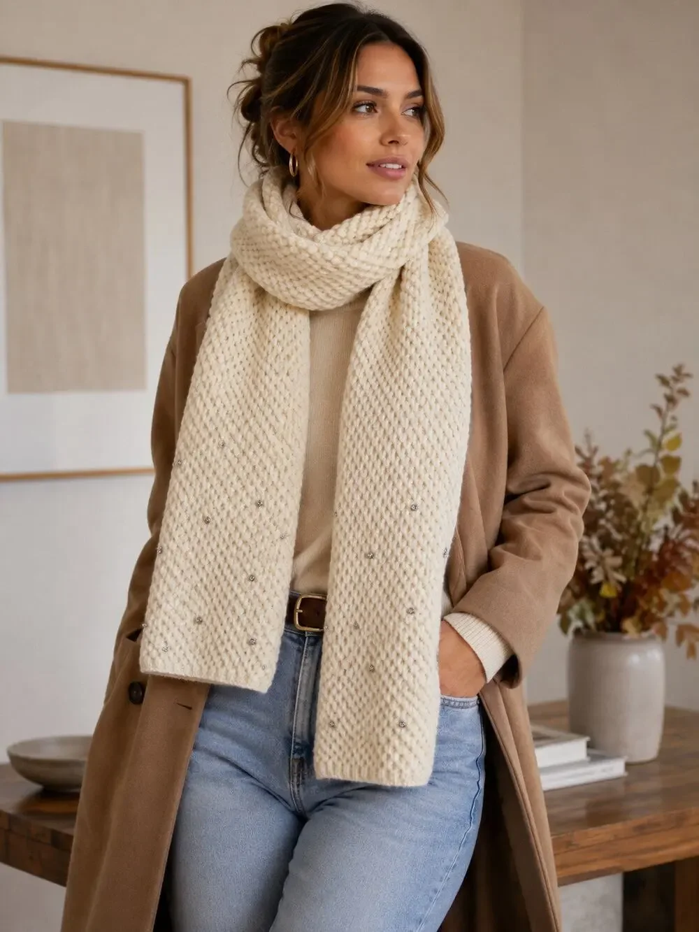 Maeve Waffle-Knit Scarf with Scattered Subtle Metallic Studs Cream One Size NWT